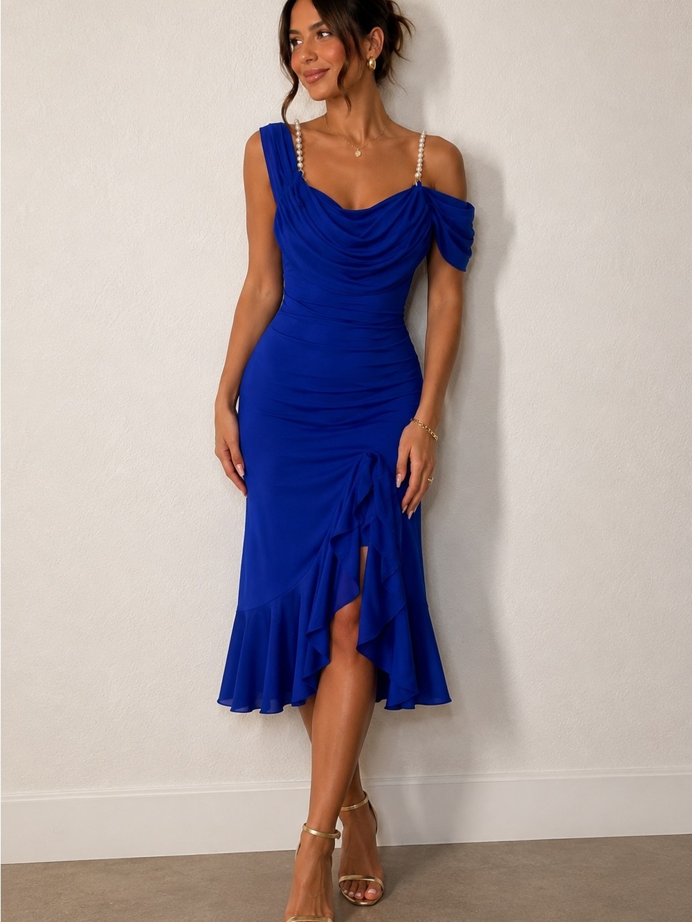 chic Cobalt Blue One-Shoulder Midi Dress with Pearl Strap